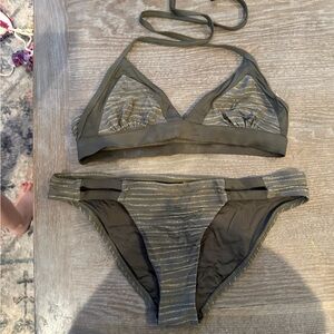 Olive Green Striped Bikini Set